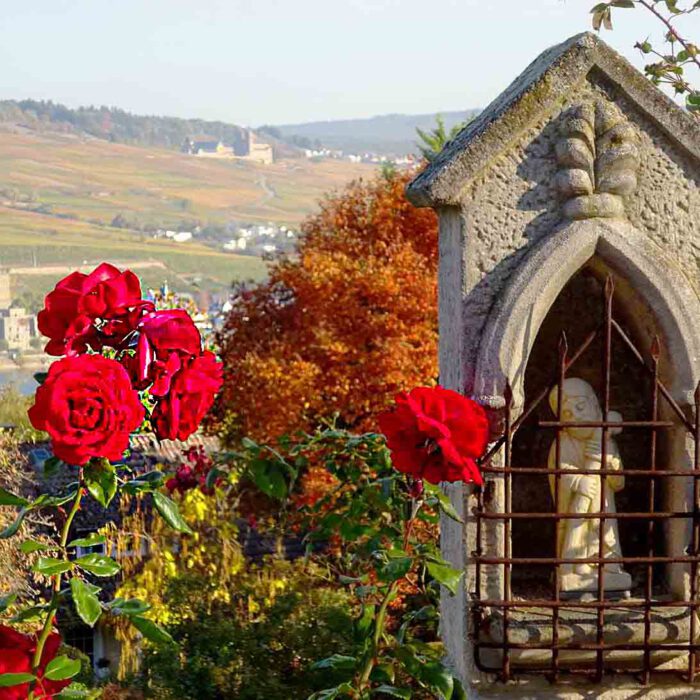 Passionsweg in Bingen am Rochusberg. Marterl mit Rosen.