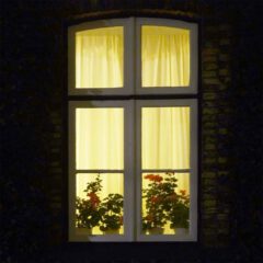 Heimelig warm leuchtet das Licht hinter den Gardinen an dem alten Haus am Elbstrand gelegen.