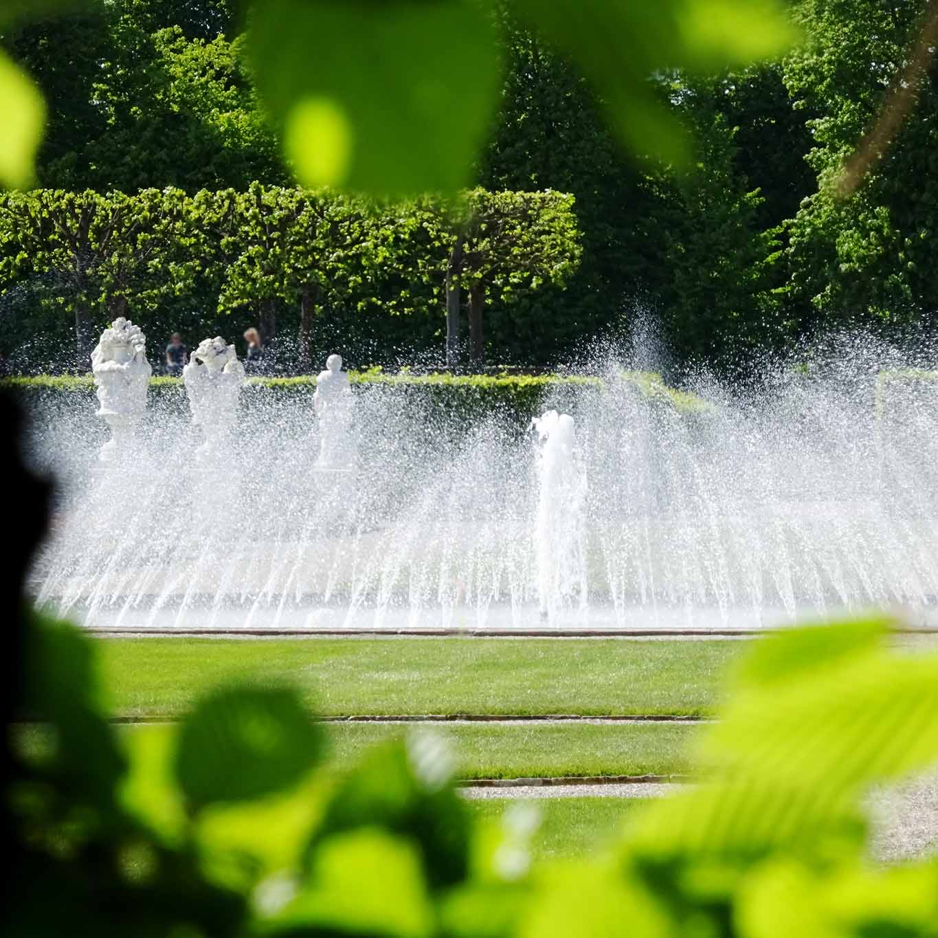 Das Wasserspiel des Glockenbrunnens durch eine Hecke betrachtet.