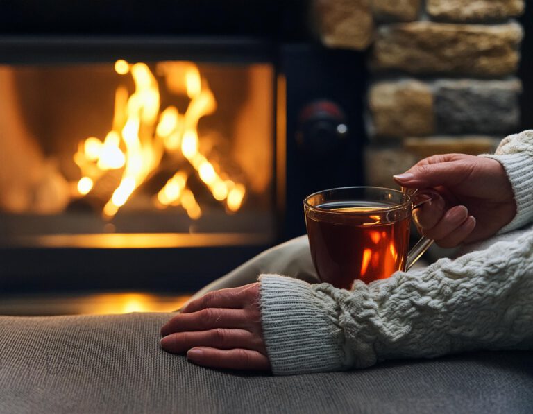 Entspannter Moment am Kamin mit einer schönen Tasse aromatischen Kräutertees.