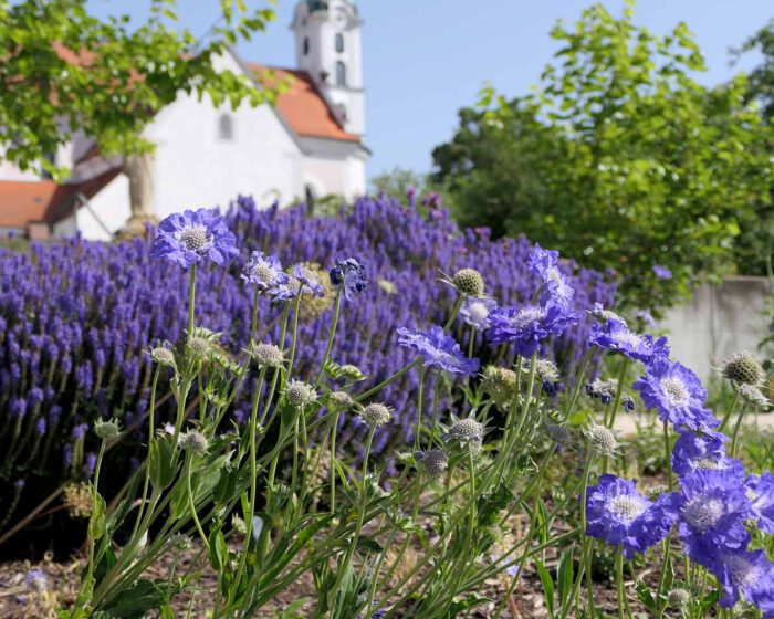 Drei Varianten von Blau vor der Wallfahrtskirche