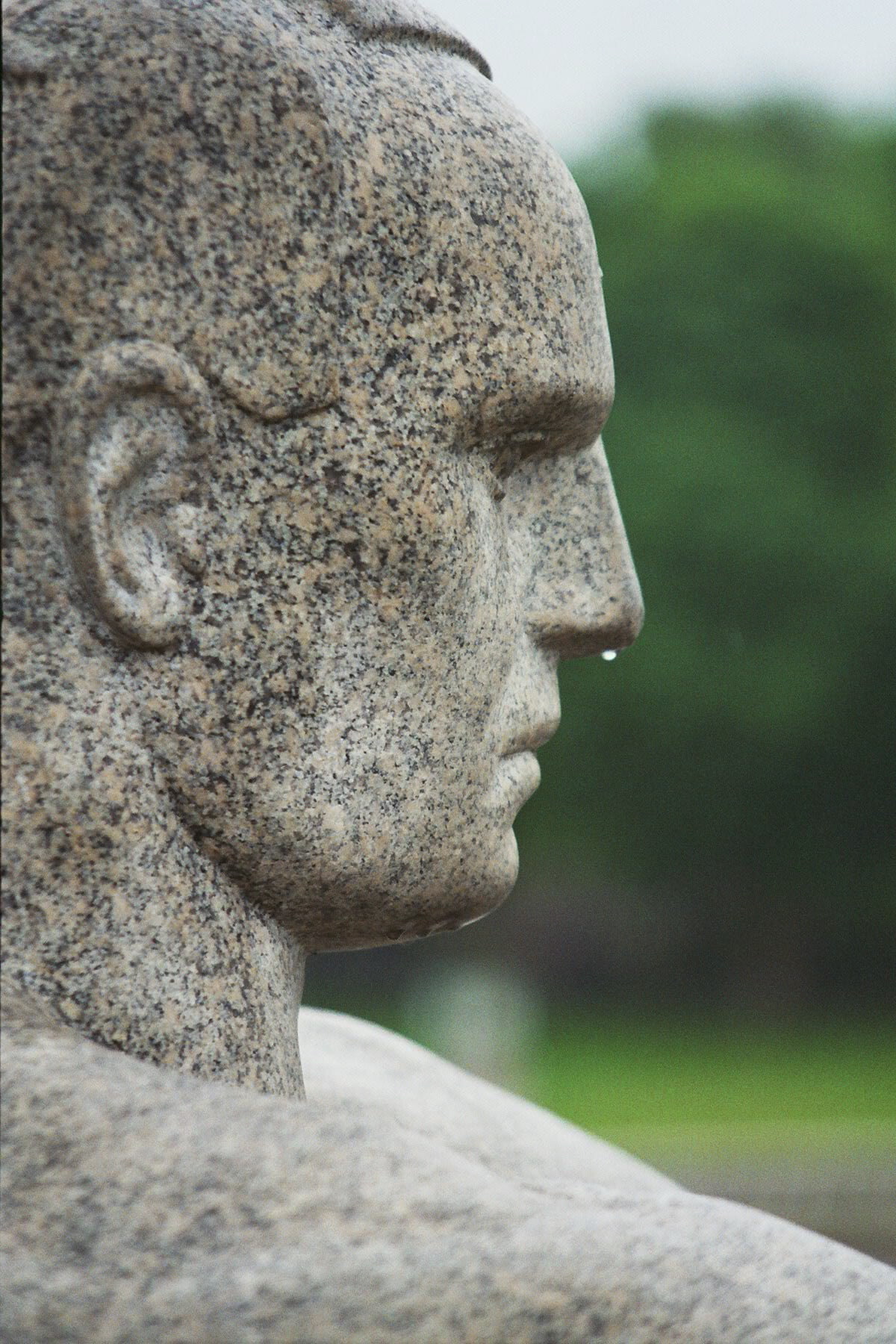 Männerkopf mit tropfender Nase im Vigeland Skulpturenpark Oslo.