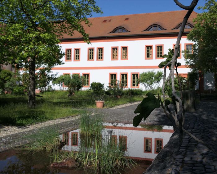 Garten der Bibelpflanzen mit trockenen Wasserbecken und reichlich Unkraut auf den Wegen.