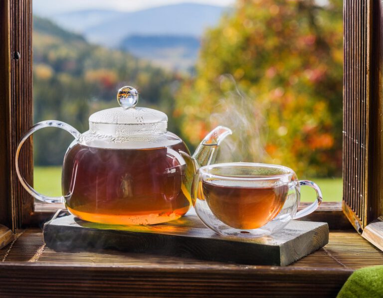 dampfende Kanne mit Kräutertee auf der Fensterbank mit Ausblick auf herbstliche bunte Landschaft