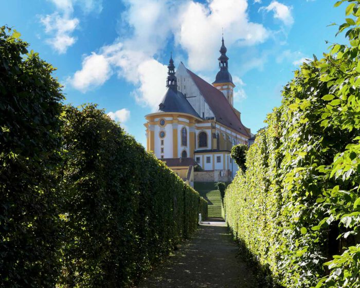 Die Stiftskirche des Klosters Neuzelle aus dem Heckentunnel betrachtet.