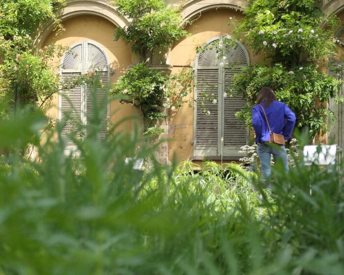 Blick aus den Beeten auf das Herbarium und seine Besucher.